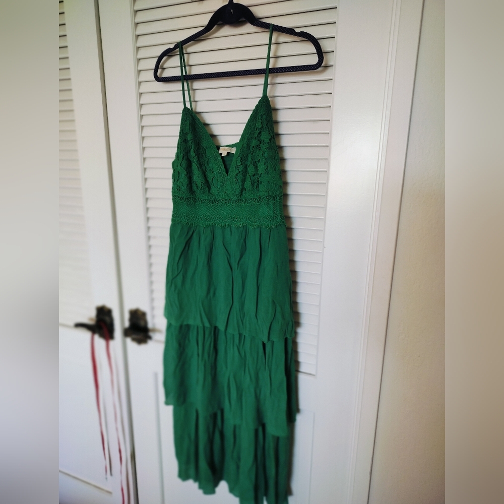 Rebellion Again Green Tiered Embroidered Bodice Smocked Back Dress Adjustable XL